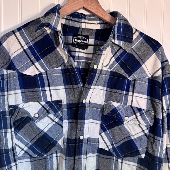 Work N Sport Plaid Flannel Snap Button Down Men’s Blue & Gray Size Large - Picture 2 of 8